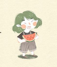 吃瓜女孩画法,轻松绘制趣味形象教程